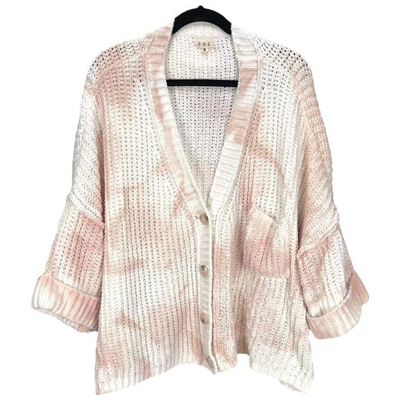 POL Women's 1/2 Sleeve OVERSIZED SLOUCH SWEATER Pink White BUTTON FRONT Small - Picture 1 of 7